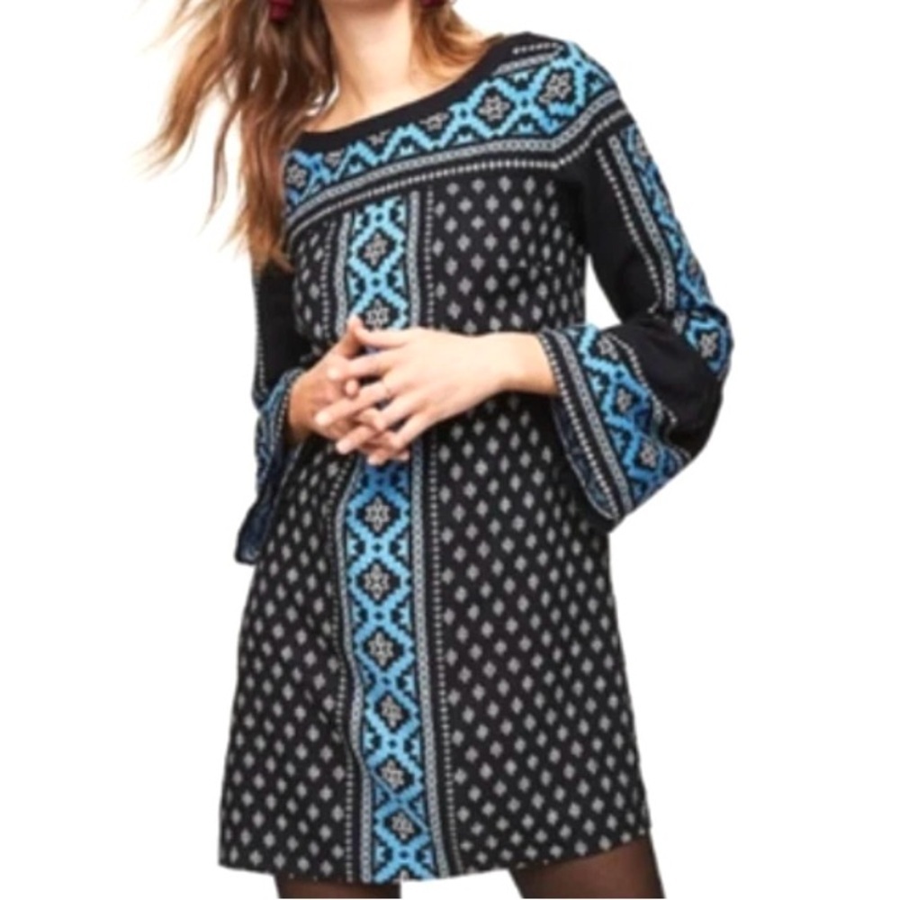 Loft Mosaic Shift Dress Bell Sleeve Black Blue Knee length‎ Lightweight Sz S NWT